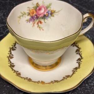 Vintage [EB Foley] Bone China Teacup & Saucer Set – Pastel Yellow & Floral
